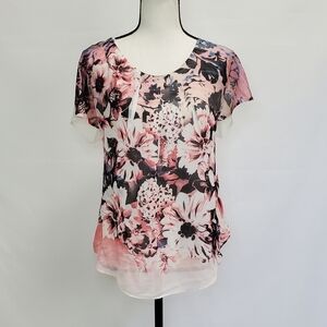 I.N. Studio Floral Sheer Short Sleeve Top w/ built-in camisole